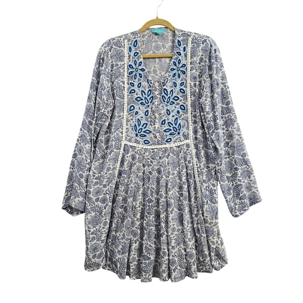 Taj by Sabrina Crippa Tunic Large Blue White Paisley 100% Silk Beaded‎ Boho Top